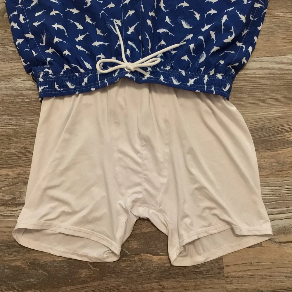 SHEIN Blue and White Shark Print Swim Trunks Built In Boxer Brief Medium